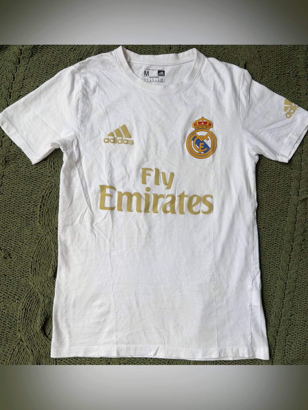adidas White Women’s Real Madrid Fly Emirates Tee with Gold Logos